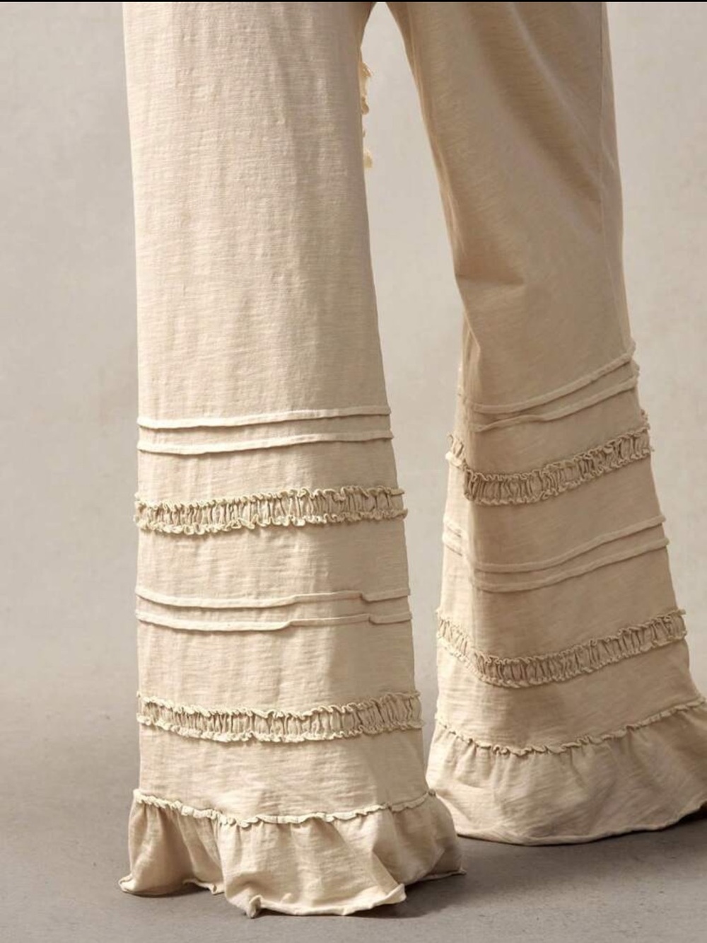 Drawstring Ruffle-Hem Wide Leg Pants - Cream - Picture 3 of 4